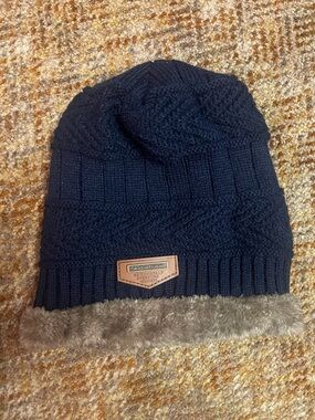 Faux-Fur Trim Knit Beanie Hat - Navy